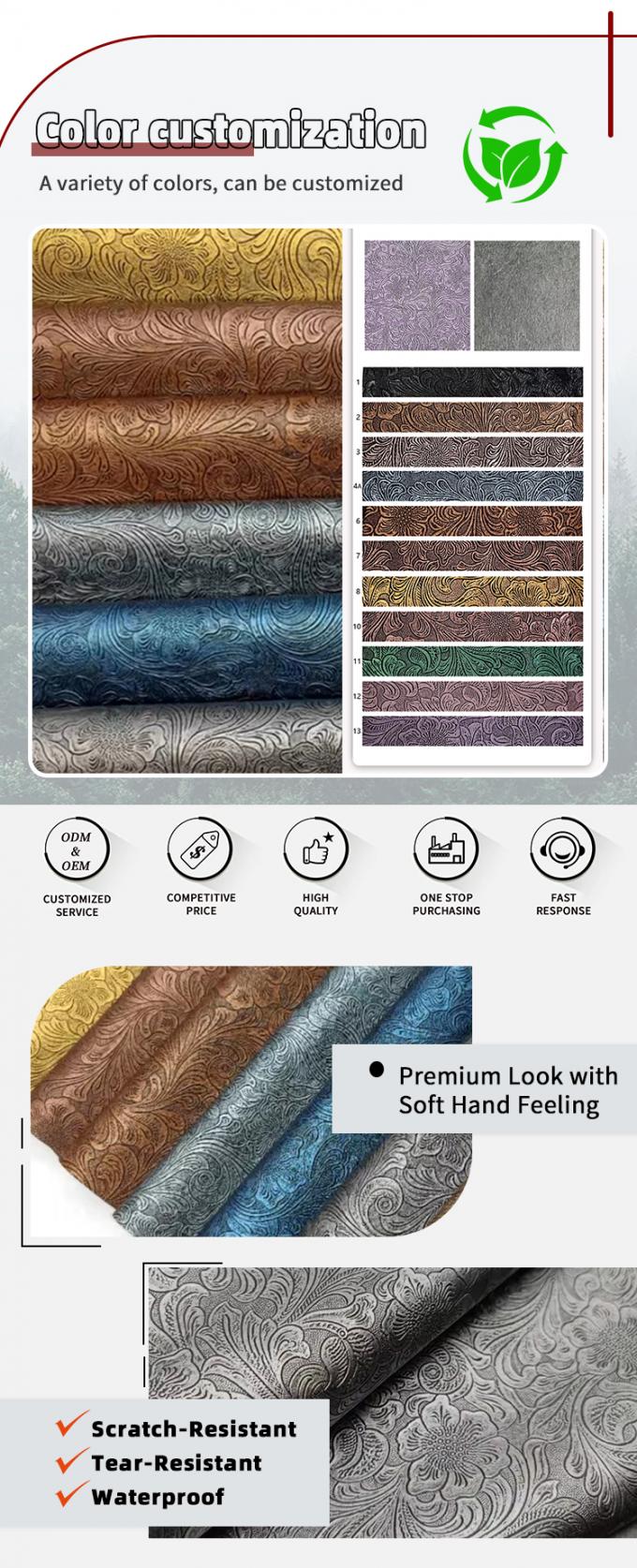 Pola bunga PVC yang tergores Kulit sintetis untuk kotak dompet Sepatu notebook Tas dekoratif Bahan kulit palsu tahan lama 4