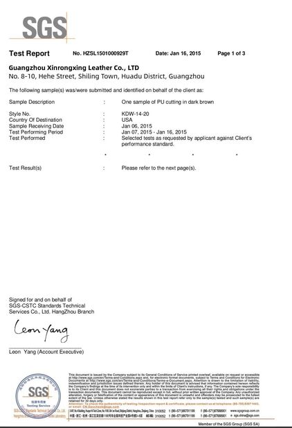 Cina Guangzhou Xinrongxing Leather Co., Ltd. Sertifikasi
